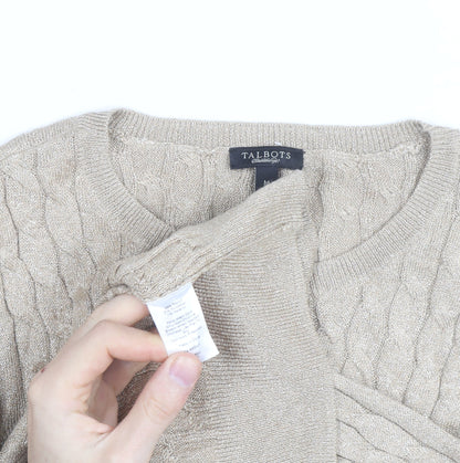 Talbots Women Beige Cable-Knit Crew Neck Jumper Medium