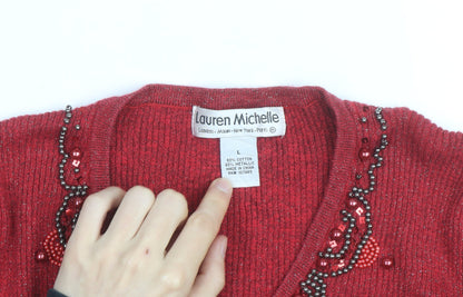 Lauren Michelle Women's Red Beaded V-Neck Knit Jumper Size L