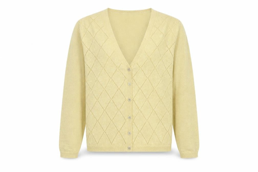 Front view of Alfred Dunner Beige V-Neck Argyle Knit Cardigan M unisex wool blend