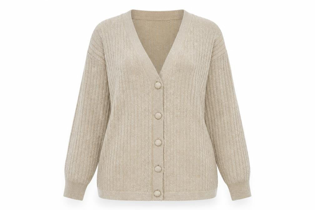 Front view of Braemar Petites by Jeremy Scott Beige V-Neck Knit Cardigan S