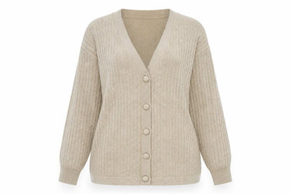 Front view of Braemar Petites by Jeremy Scott Beige V-Neck Knit Cardigan S