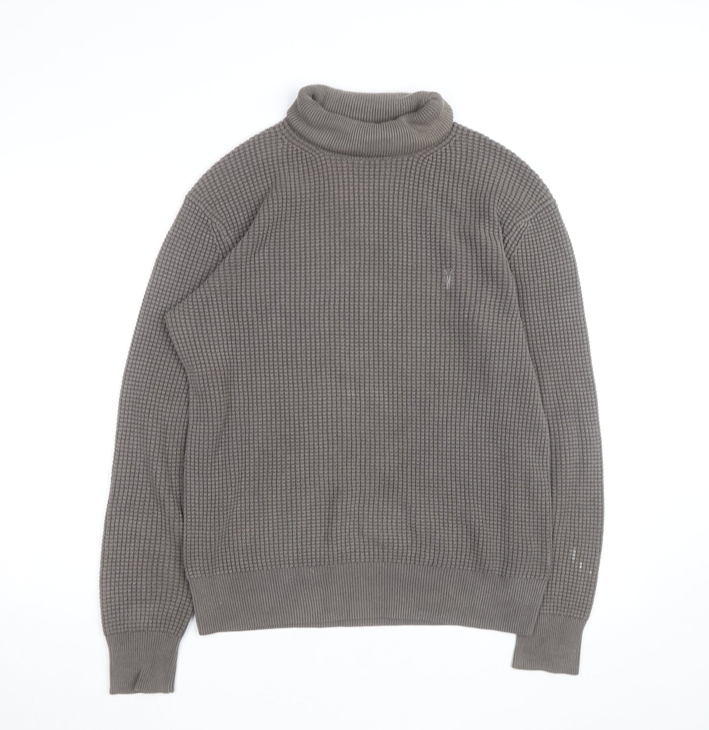 AllSaints Men's Grey XS Roll Neck Waffle-Knit Cotton Jumper