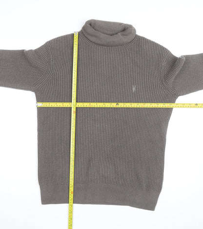 AllSaints Men's Grey XS Roll Neck Waffle-Knit Cotton Jumper