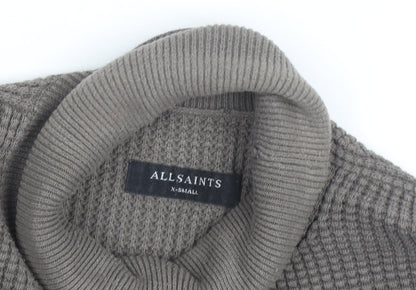 AllSaints Men's Grey XS Roll Neck Waffle-Knit Cotton Jumper