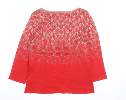 Ruby Rd. Womens Red Metallic Knit 3/4 Sleeve Pullover Jumper Size M