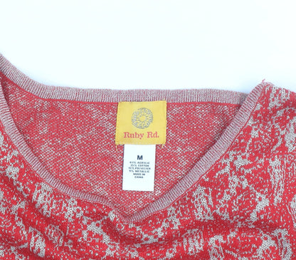 Ruby Rd. Womens Red Metallic Knit 3/4 Sleeve Pullover Jumper Size M