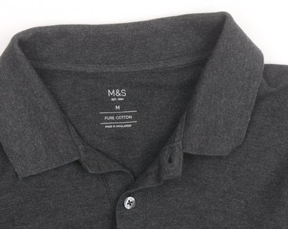 Marks and Spencer Men's Grey Long Sleeve Cotton Polo Shirt M