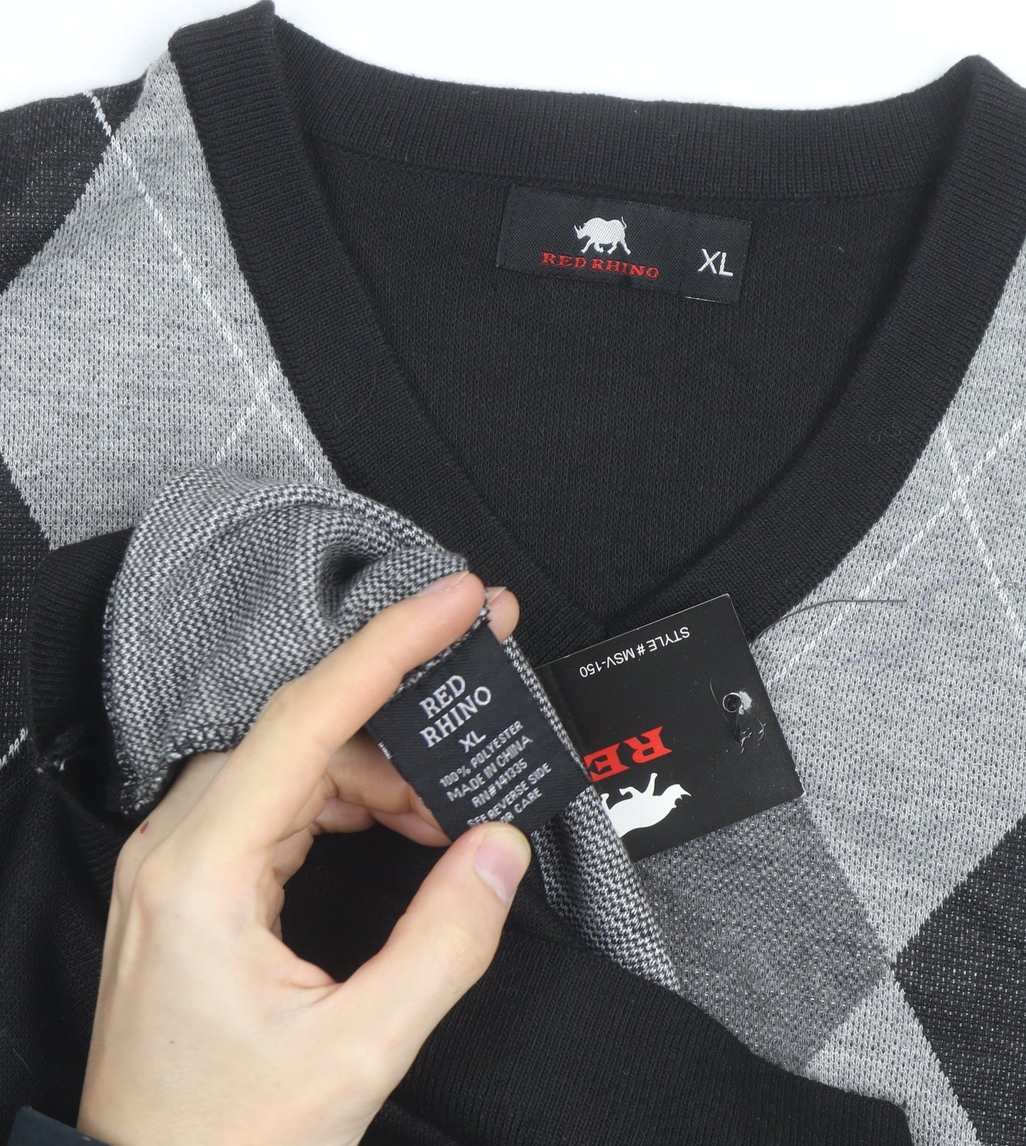 Red Rhino Men's Grey Argyle Sleeveless V-Neck Vest XL