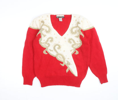 Dana Scott Men's Red Beaded Knit V-Neck Jumper M Classic Winter Style