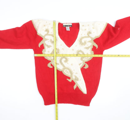 Dana Scott Men's Red Beaded Knit V-Neck Jumper M Classic Winter Style