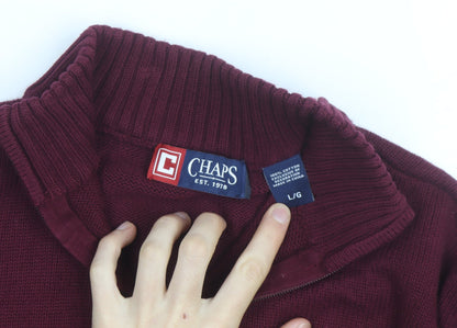 Chaps Men's Red Cotton 1/4 Zip Jumper L High Neck Casual Knitwear