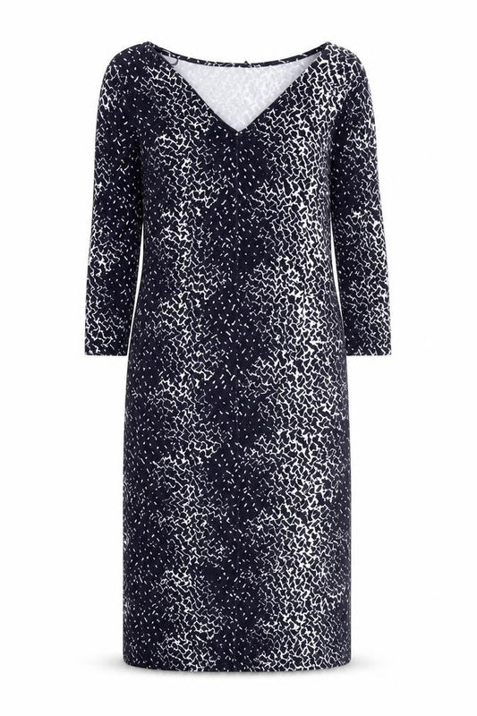 Front view of Jaeger Women's Black Geometric V-Neck Bodycon Dress, size 10