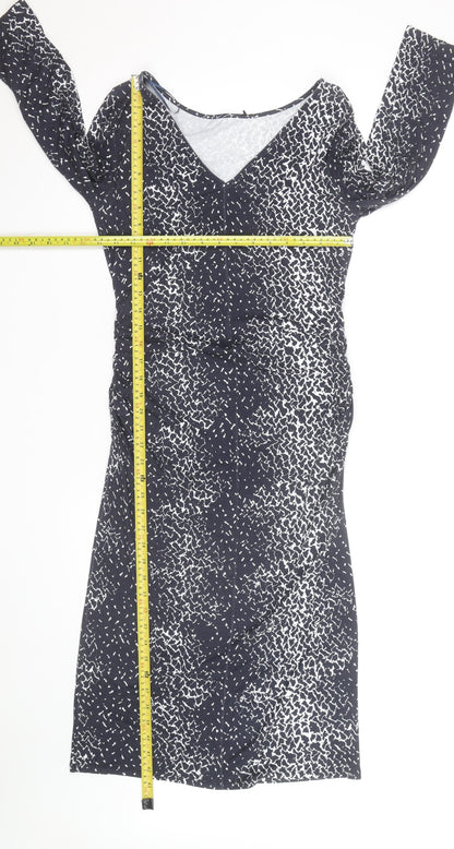 Jaeger Women's Black Geometric V-Neck Bodycon Dress Size 10