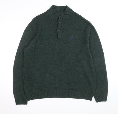Chaps Men's Green Cotton Henley Jumper XL High Neck Elbow Patches