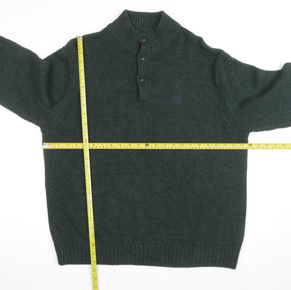 Chaps Men's Green Cotton Henley Jumper XL High Neck Elbow Patches