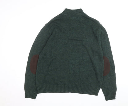 Chaps Men's Green Cotton Henley Jumper XL High Neck Elbow Patches