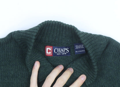 Chaps Men's Green Cotton Henley Jumper XL High Neck Elbow Patches