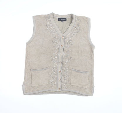 La Madona Women's Beige Embroidered Knit Vest M Classic Floral Style