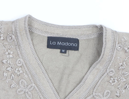 La Madona Women's Beige Embroidered Knit Vest M Classic Floral Style