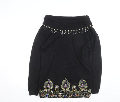 Victoria Jones Women's Black Beaded Bohemian Knit Jumper Size S