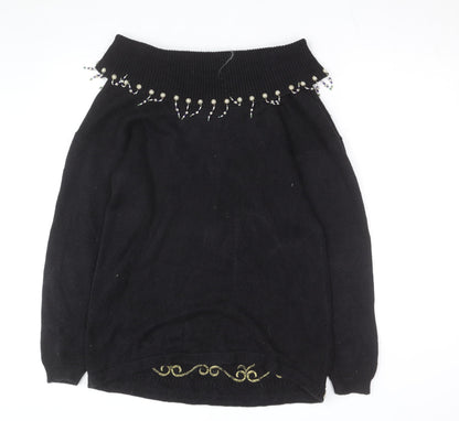 Victoria Jones Women's Black Beaded Bohemian Knit Jumper Size S