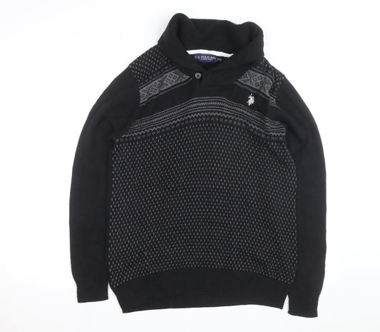 U.S. Polo Assn. Men's Black Cotton Collared Pullover Jumper Size M