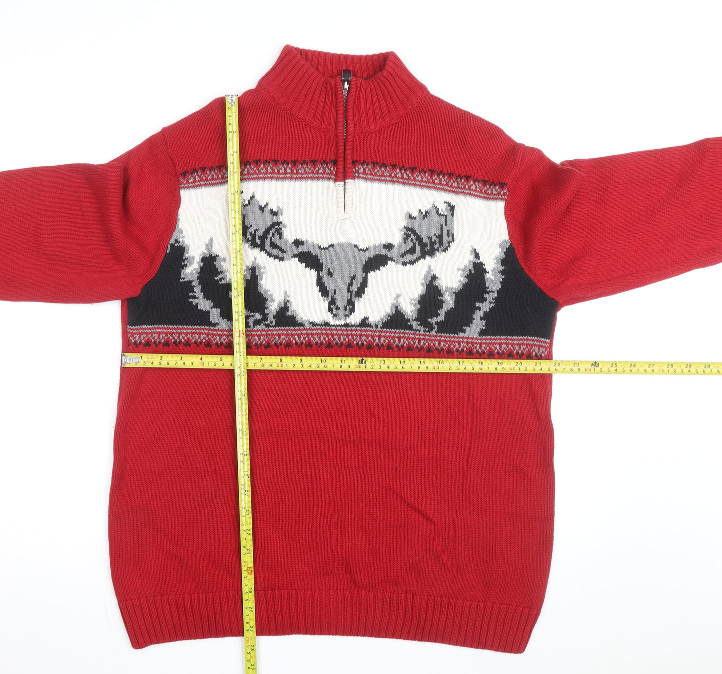 Chaps Men's Red Cotton 1/4 Zip Moose Knit Jumper L