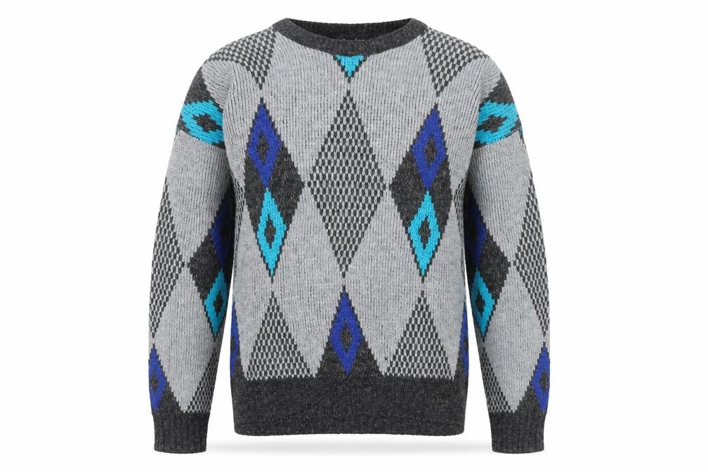 New Era Men's Grey Argyle Knit Pullover Jumper Size M Retro Vintage