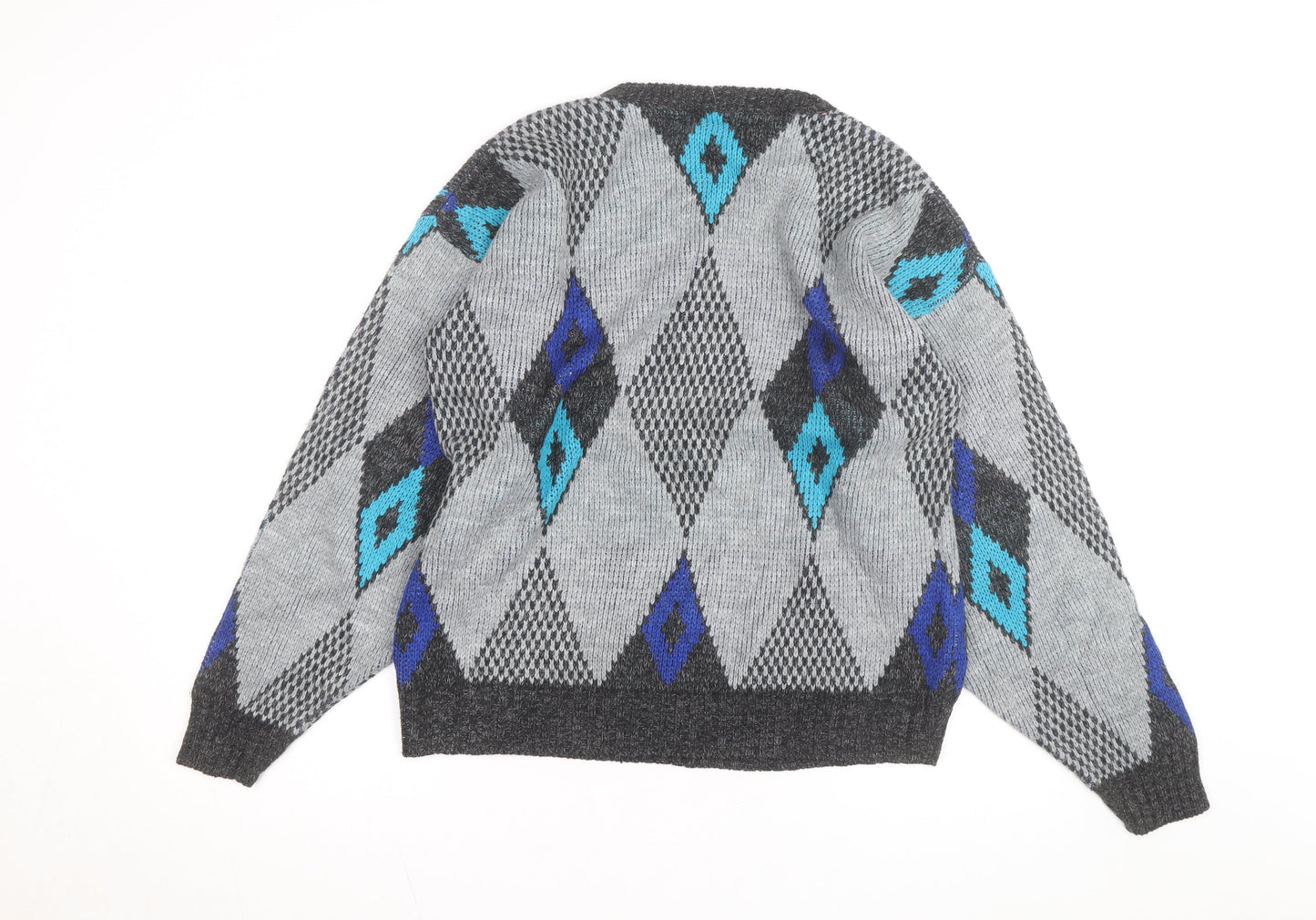 New Era Men's Grey Argyle Knit Pullover Jumper Size M Retro Vintage