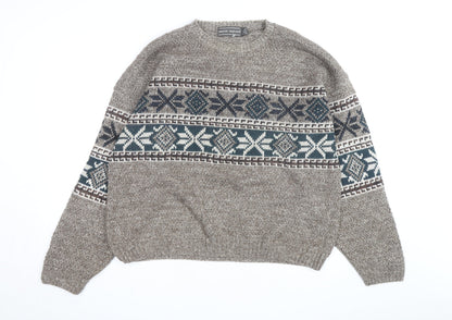 David Taylor Men's Brown Fair Isle Crew Neck Acrylic Jumper L