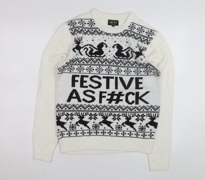 boohooMAN Men's White Christmas Graphic Knit Jumper Size S