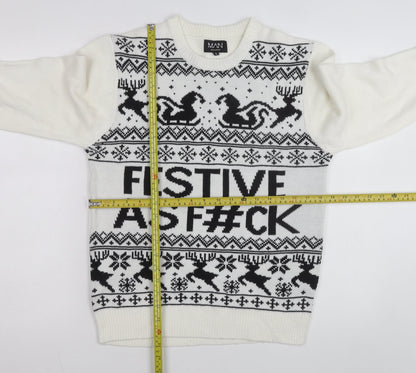 boohooMAN Men's White Christmas Graphic Knit Jumper Size S