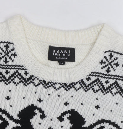 boohooMAN Men's White Christmas Graphic Knit Jumper Size S