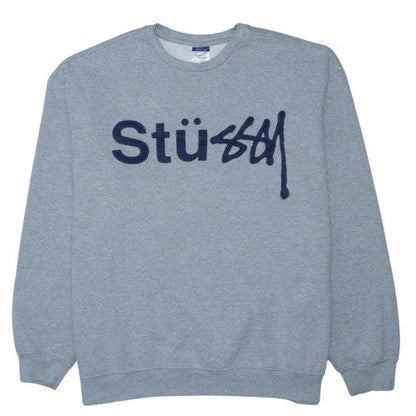 Stüssy Men's Grey Logo Pullover Sweatshirt L Fleece Crew Neck