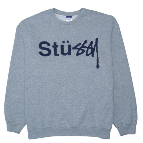 Stüssy Men's Grey Logo Pullover Sweatshirt L Fleece Crew Neck