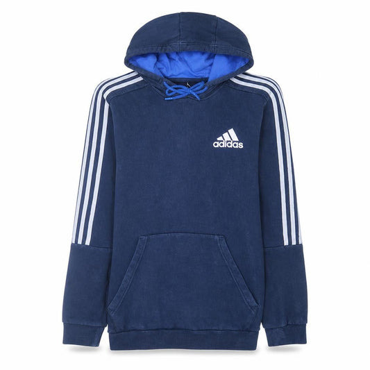 Front view of Adidas Men's Blue Pullover Hoodie Medium Classic 3-Stripes Style