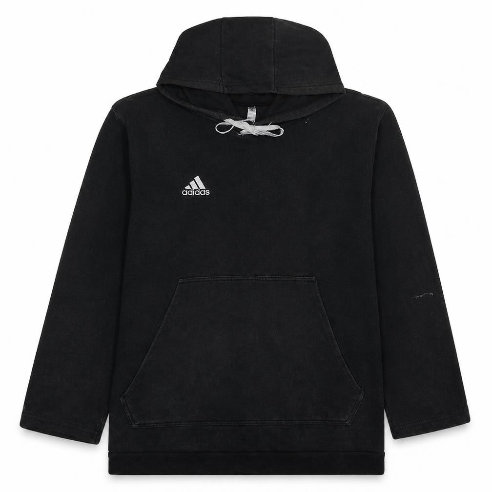 Front view of Adidas Men’s Black Pullover Hoodie, size L, Sports Fleece Sweatshirt