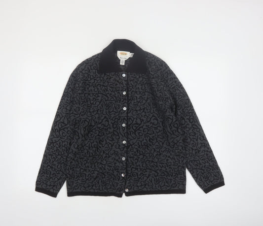 Talbots Petites Women Black Grey Cardigan Small 100% Merino Wool Made in Italy