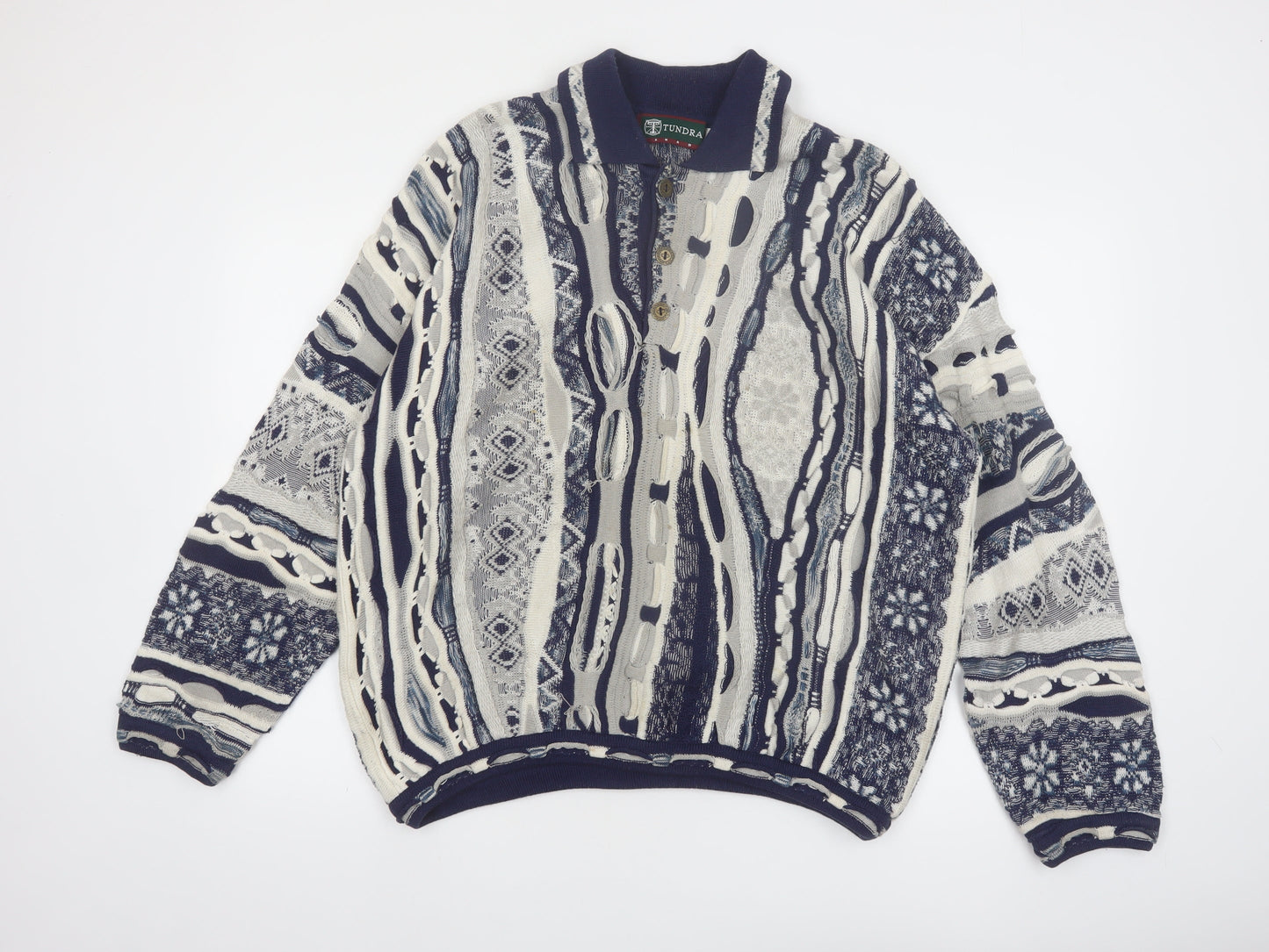 Tundra Men's Blue Geometric Collared Cotton Henley Jumper L