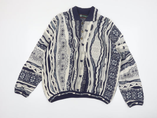 Tundra Men's Blue Geometric Collared Cotton Henley Jumper L