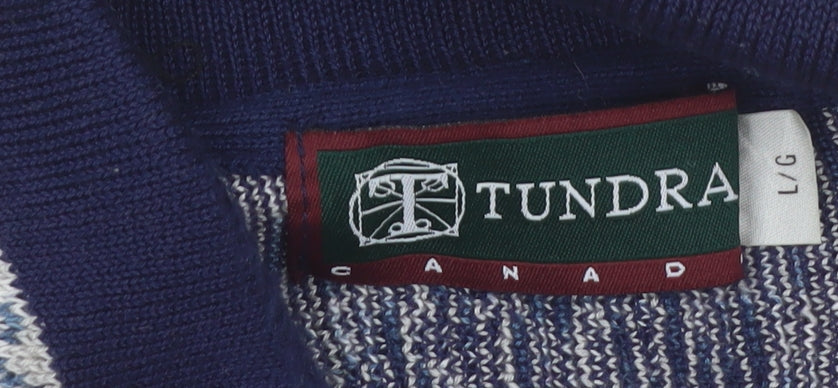 Tundra Men's Blue Geometric Collared Cotton Henley Jumper L