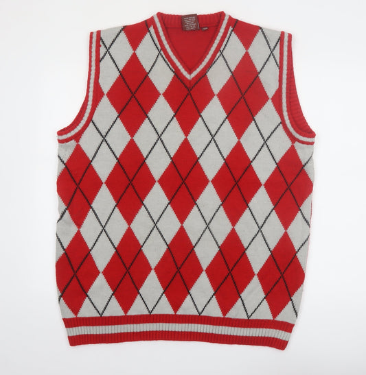 Victorious Men's Red Argyle Knit Sleeveless V-Neck Vest Size L