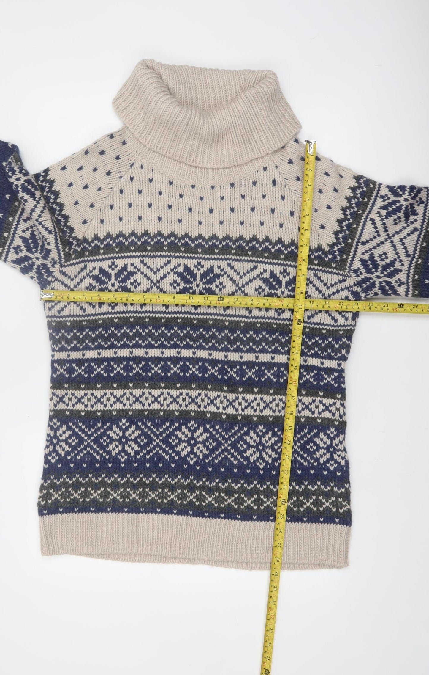 Guide Series Women Beige Blue Fair Isle Roll Neck Wool Blend Jumper XL