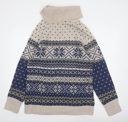Guide Series Women Beige Blue Fair Isle Roll Neck Wool Blend Jumper XL