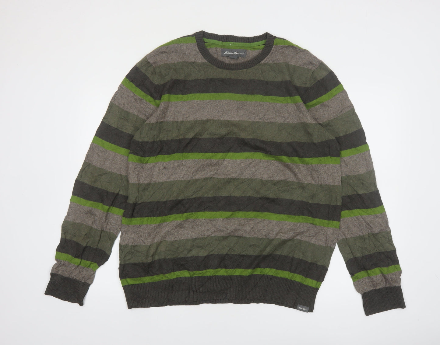 Eddie Bauer Men's Green Striped Crew Neck Cotton Wool Jumper L