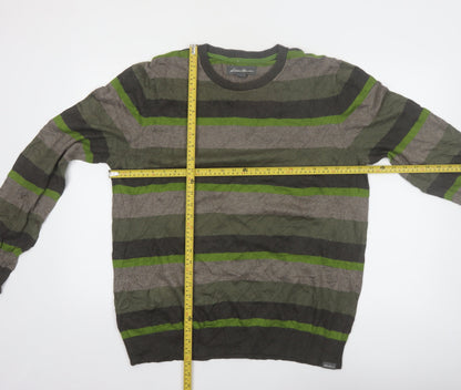 Eddie Bauer Men's Green Striped Crew Neck Cotton Wool Jumper L