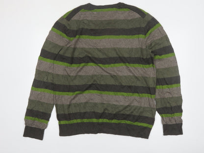 Eddie Bauer Men's Green Striped Crew Neck Cotton Wool Jumper L