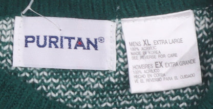 Puritan Men's Green Fair Isle Knit Jumper XL Winter Pullover