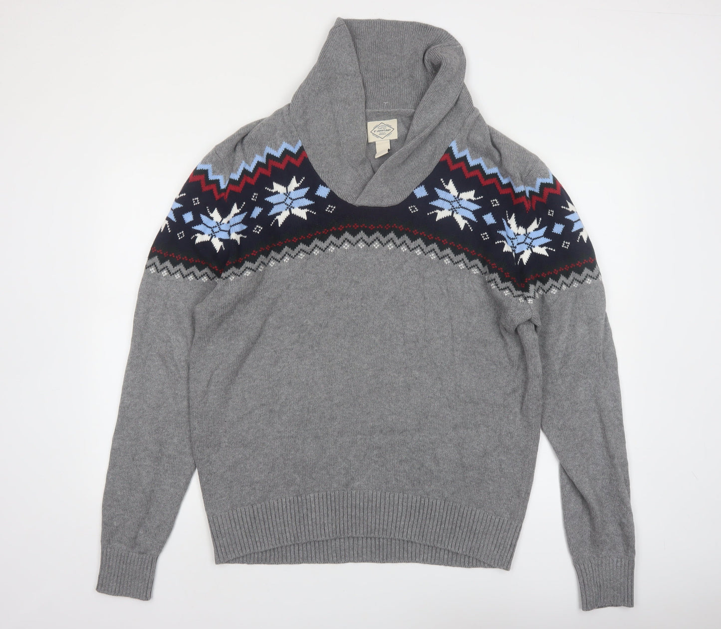 St John's Bay Men's Grey Fair Isle Roll Neck Cotton Pullover Jumper L