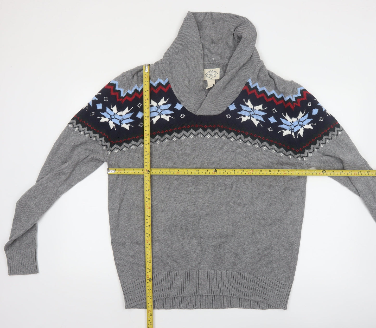 St John's Bay Men's Grey Fair Isle Roll Neck Cotton Pullover Jumper L